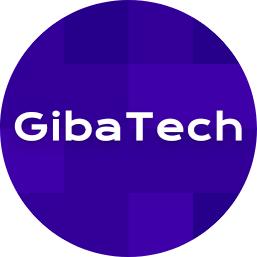 Ícone escrito GibaTech em branco com um fundo quadriculado com tons de roxo